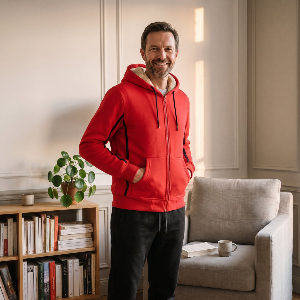 Ensemble jogging homme doublé polaire, veste rouge et pantalon noir