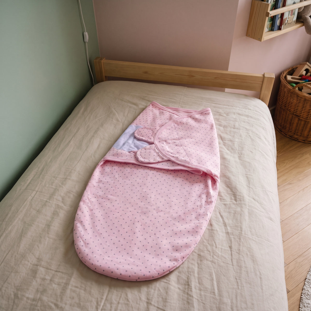 Sac de couchage d'emmaillotage pour bébé rose à pois, posé à plat sur un lit d'enfant