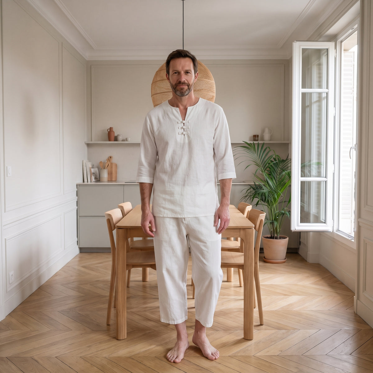 Ensemble d'été homme blanc porté debout devant une table en chêne