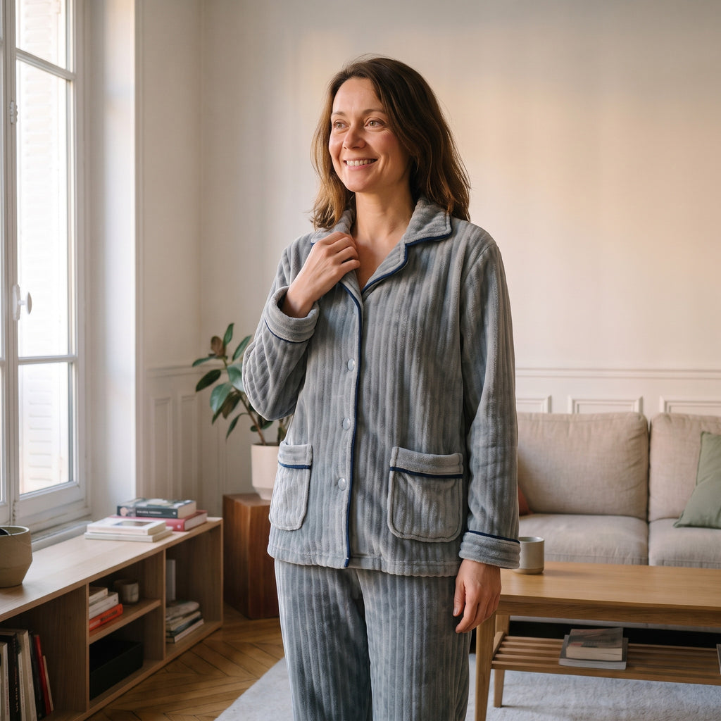 Femme en pyjama en peluche gris à liseré bleu marine, debout dans un salon