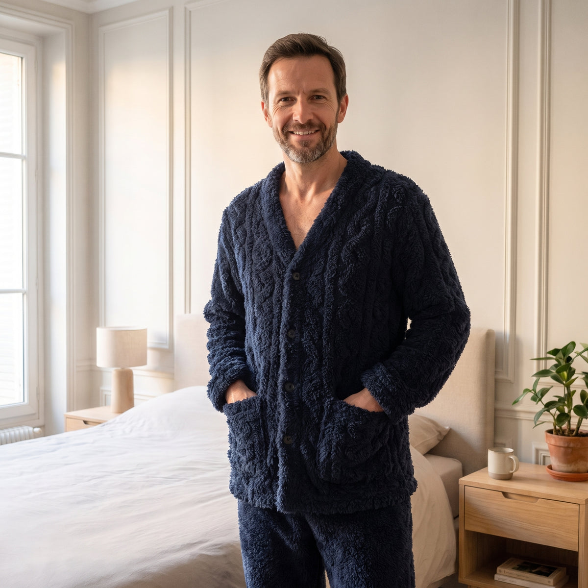 Homme en pyjama en peluche bleu marine à torsades, debout dans une chambre