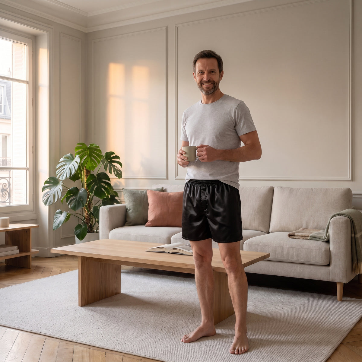 Short de pyjama en satin noir porté par un homme debout dans le salon