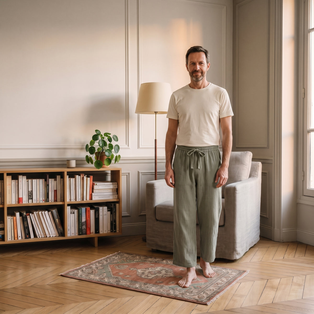 Pantalon d'intérieur en gaze de coton vert sauge porté dans le coin lecture