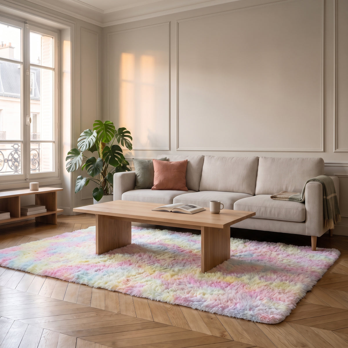 Tapis shaggy pastel arc-en-ciel sous la table basse d'un salon