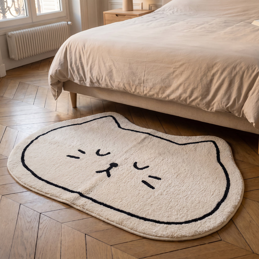 Tapis en forme de chat, écru au trait noir, modèle Tête de chat, posé en descente de lit