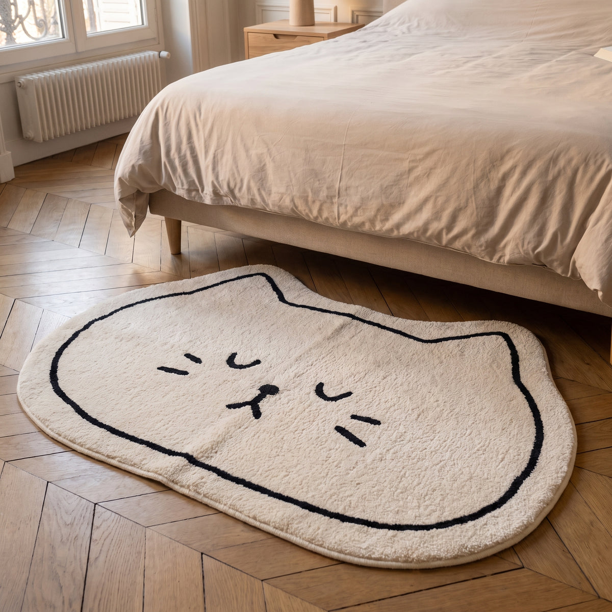 Tapis en forme de chat, écru au trait noir, modèle Tête de chat, posé en descente de lit