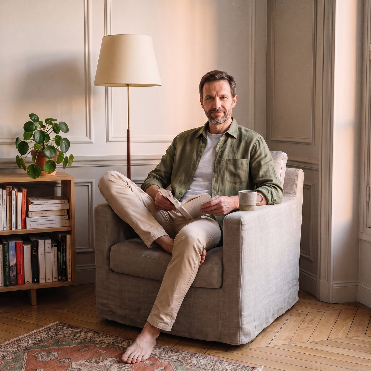 Chemise homme en coton et lin vert kaki portée assis dans un fauteuil de lecture