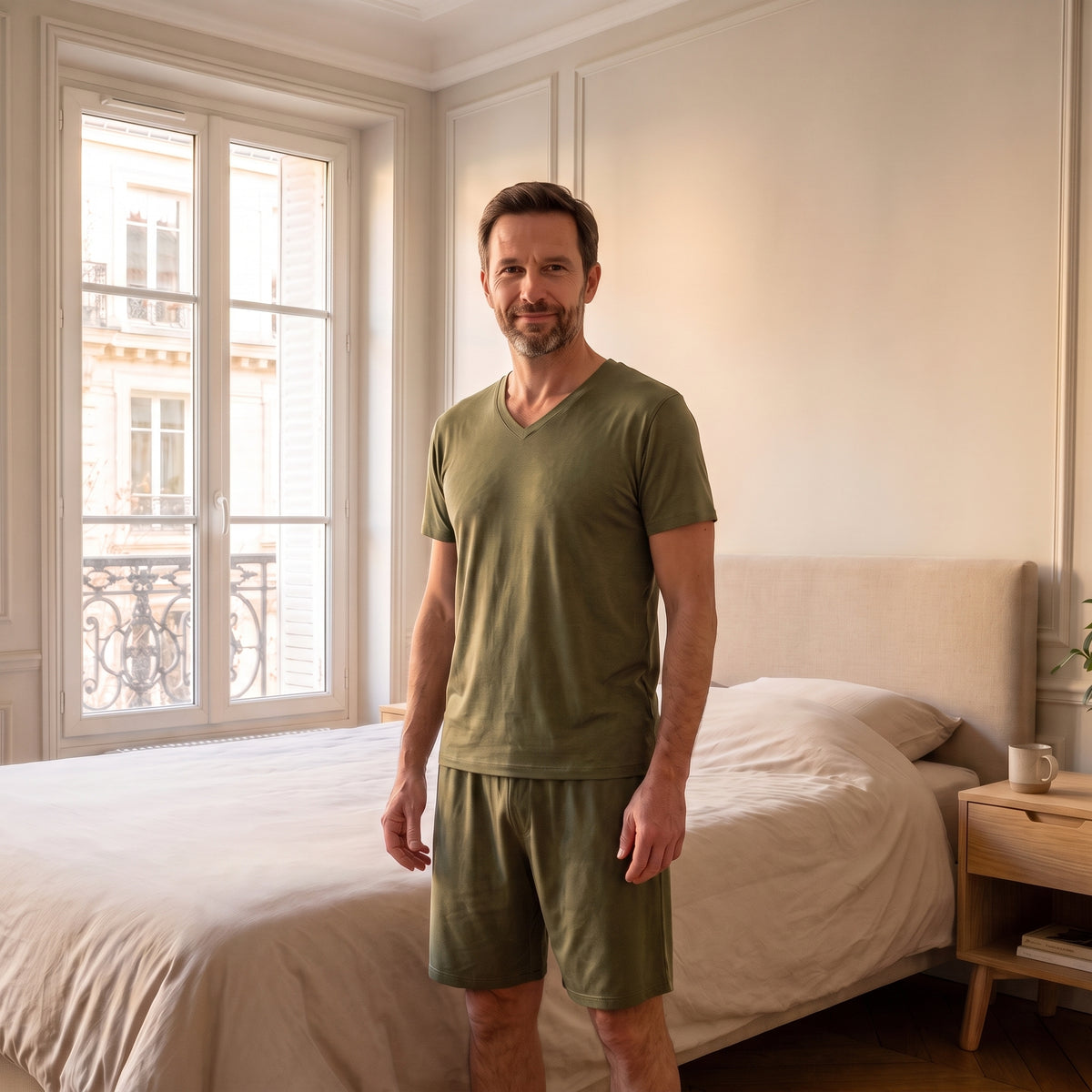 Homme en pyjama d'été en viscose vert kaki, t-shirt col V et short, debout dans la chambre