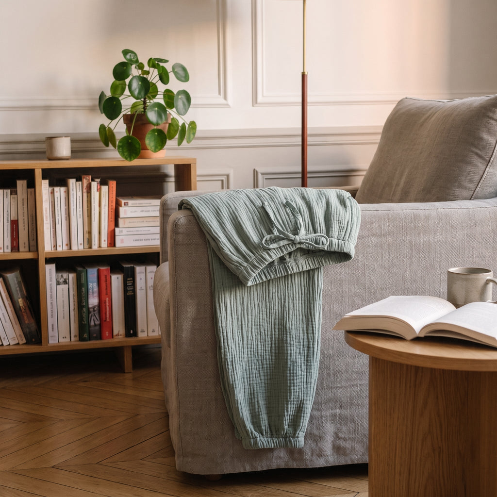 Pantalon de pyjama vert sauge pose sur l accoudoir du fauteuil de lecture, ceinture a cordon nouee
