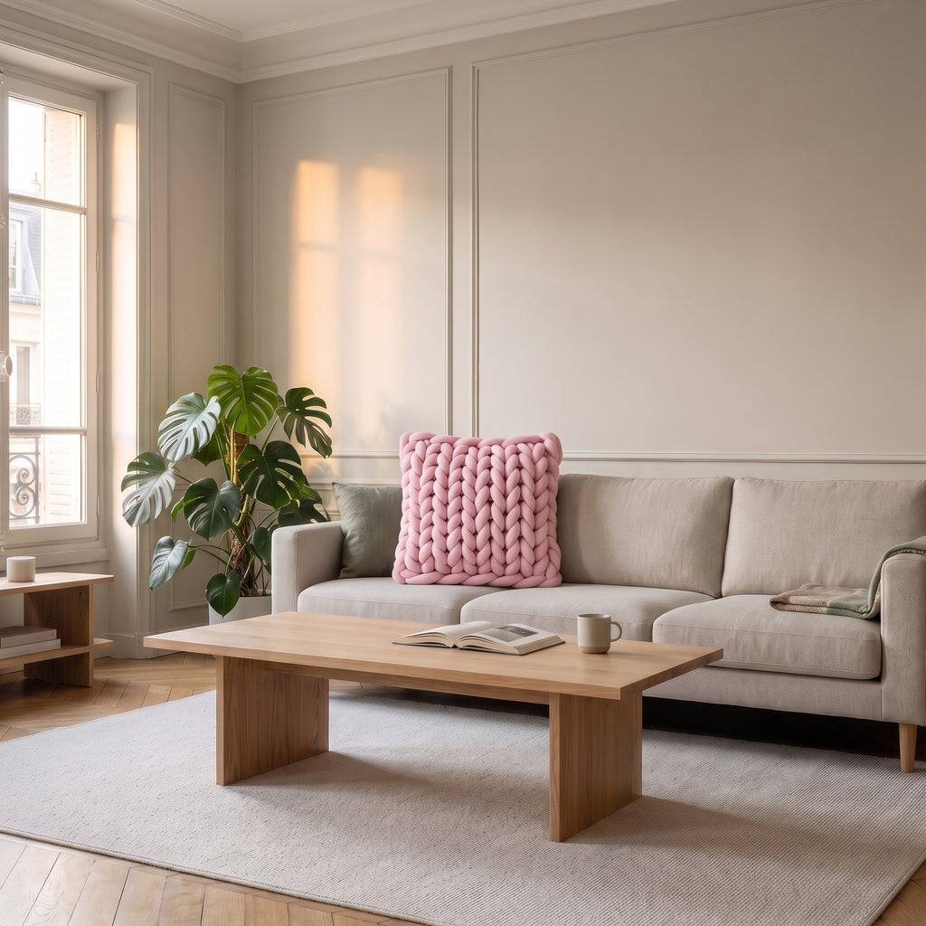 Coussin grosses mailles rose poudré posé sur un canapé beige