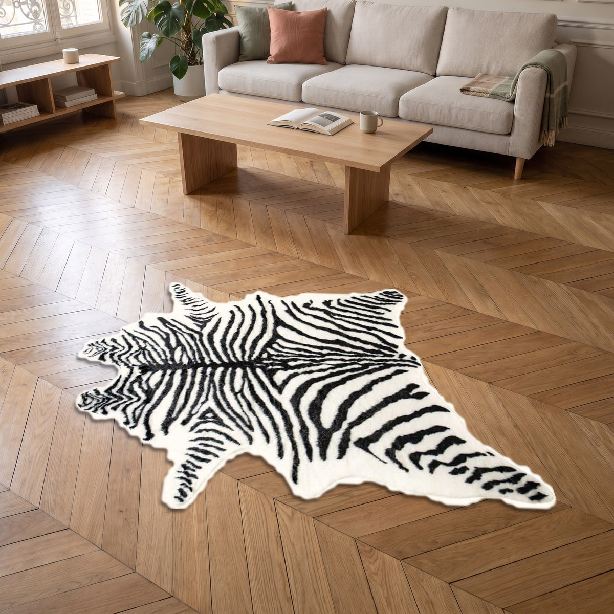 Tapis peau de zèbre vu de haut sur le parquet d'un salon