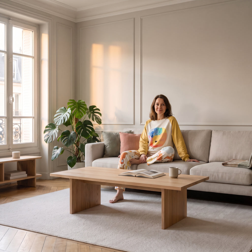 Femme assise sur un canapé en pyjama de coton, salon clair en fin de journée