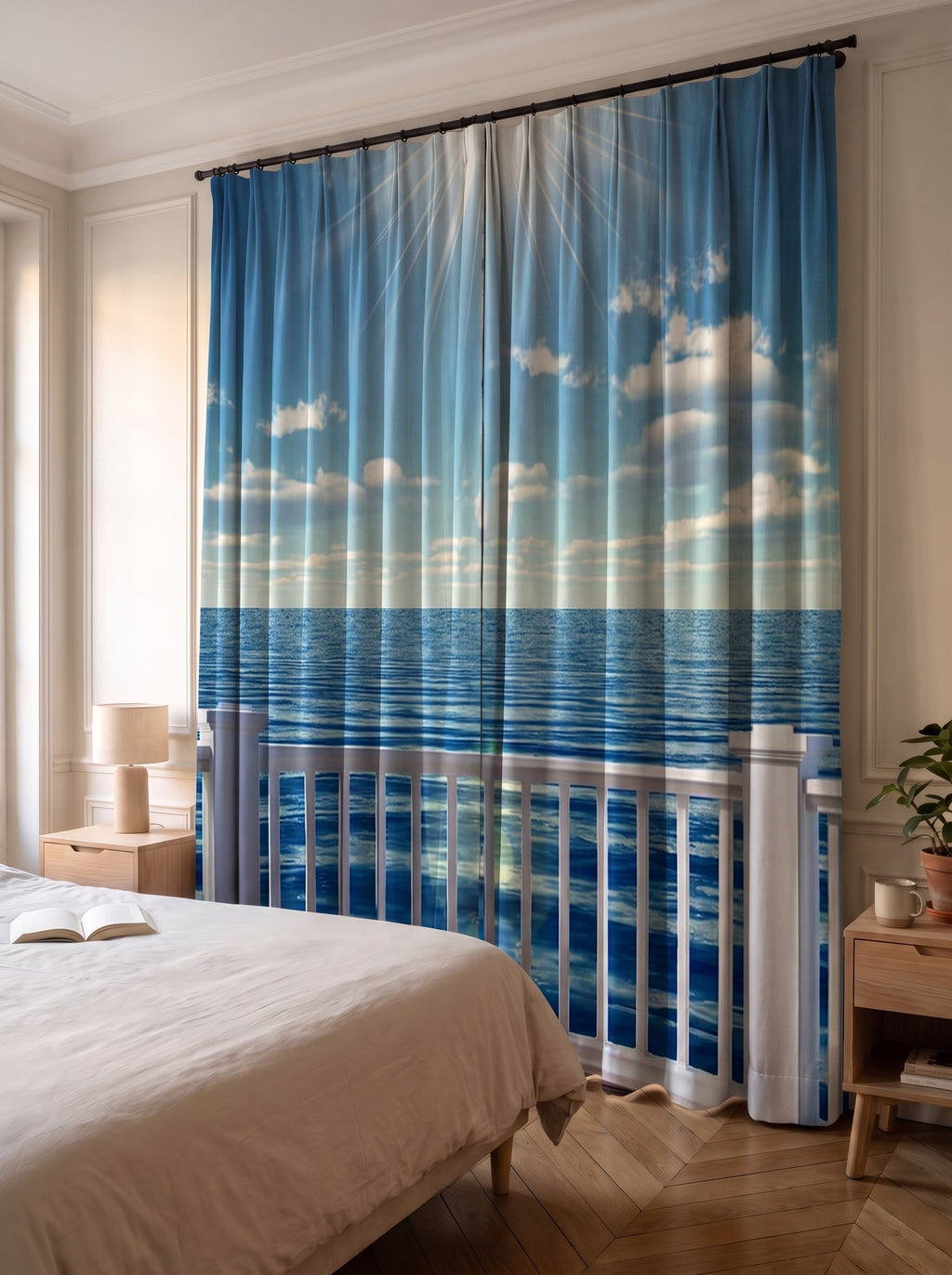 Rideau imprimé vue sur mer fermé dans une chambre, retombée jusqu'au sol