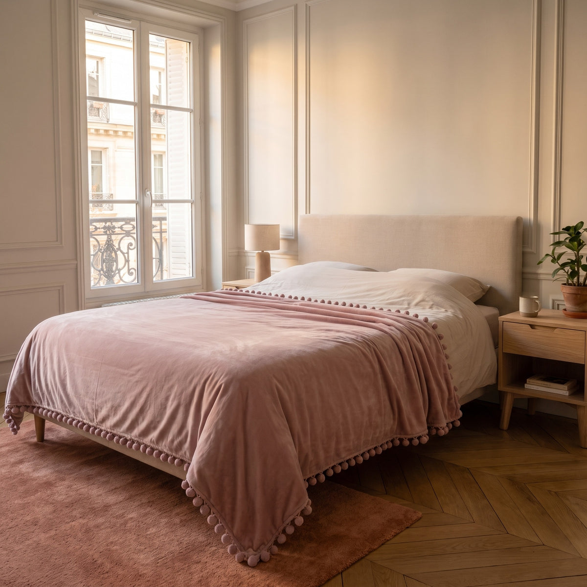 Le plaid rose poudré déplié en travers d’un lit double dans une chambre haussmannienne, il couvre le lit d’un bord de matelas à l’autre et retombe des deux côtés jusqu’au sommier