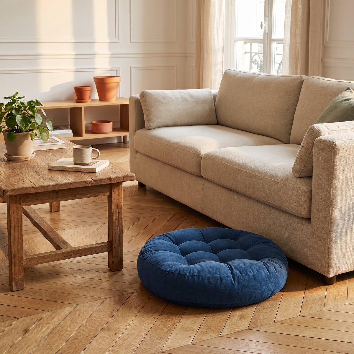 Coussin de sol rond bleu marine posé au sol le long d'un canapé, sa taille comparée au canapé
