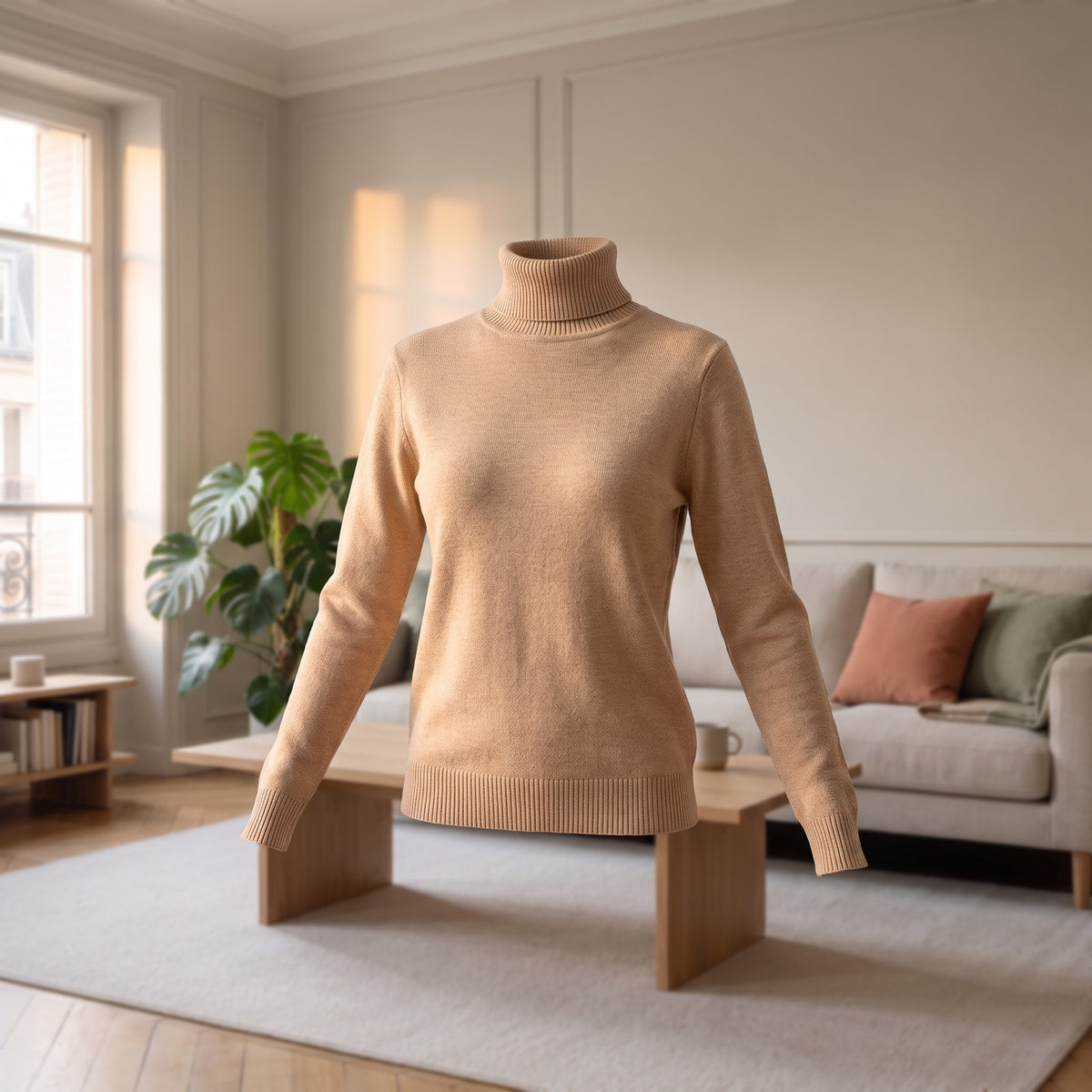 Pull col roule camel porte par un mannequin invisible au milieu d un salon, col retourne, poignets et bas en cotes