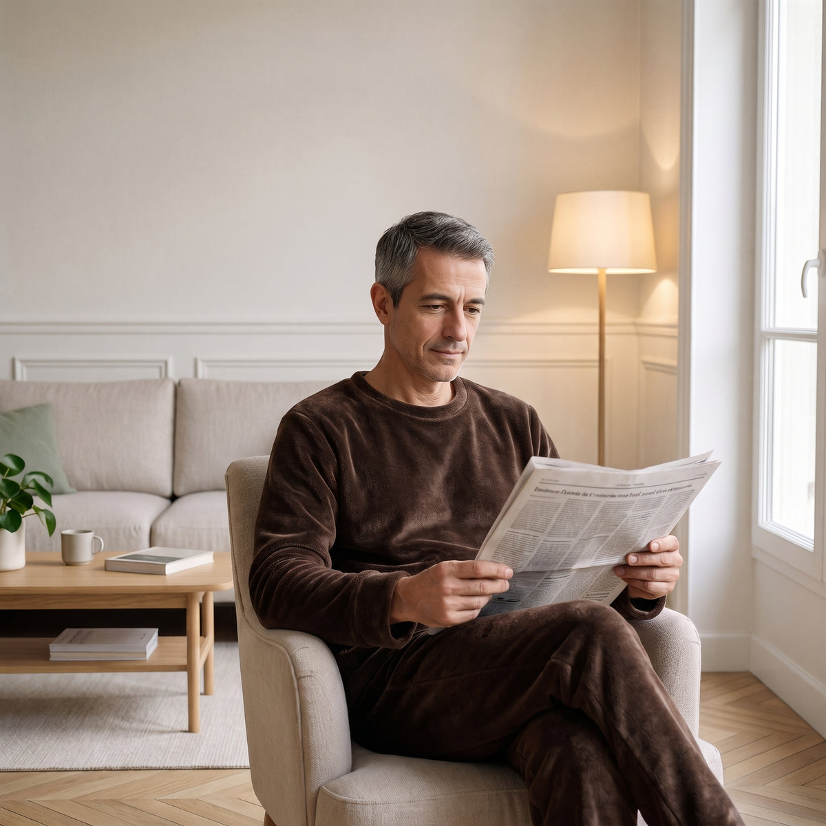 Homme assis dans un fauteuil en pyjama d'hiver en flanelle polaire marron