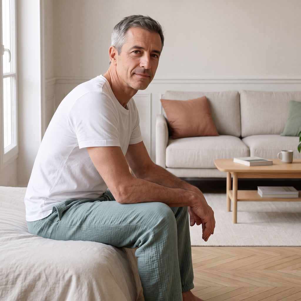 Homme assis sur son lit en pantalon de pyjama en gaze de coton vert sauge