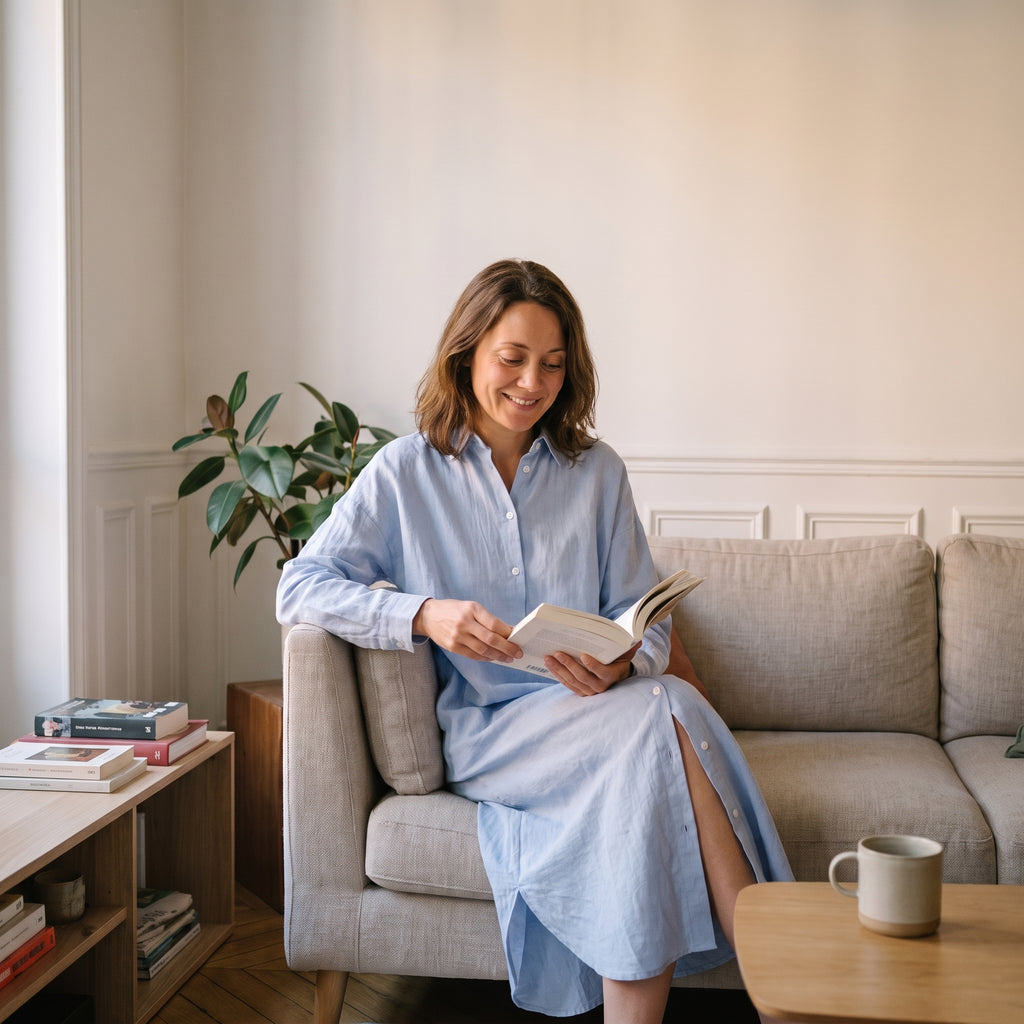Robe chemise longue bleu ciel portée assise, un livre à la main