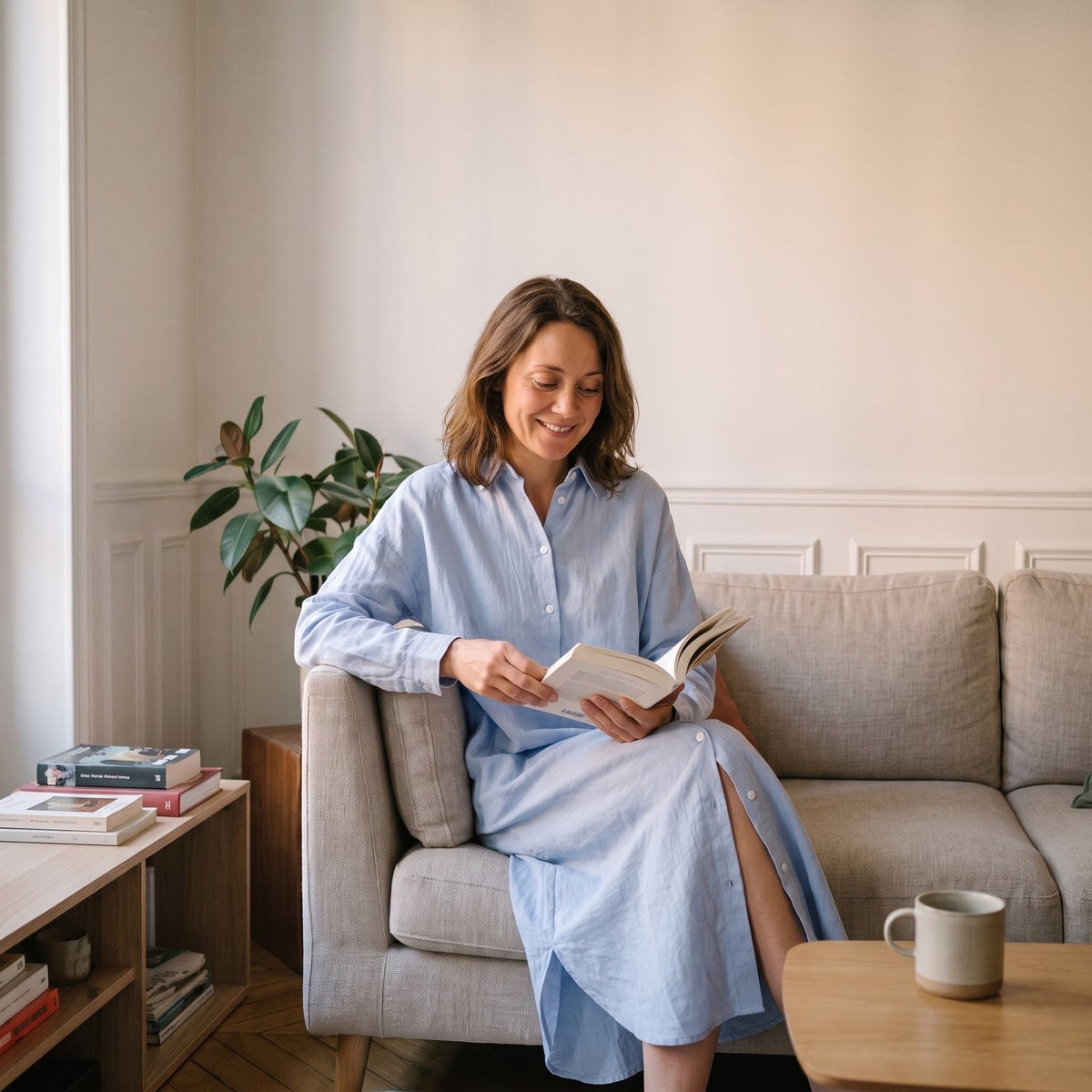 Robe chemise longue bleu ciel portée assise, un livre à la main