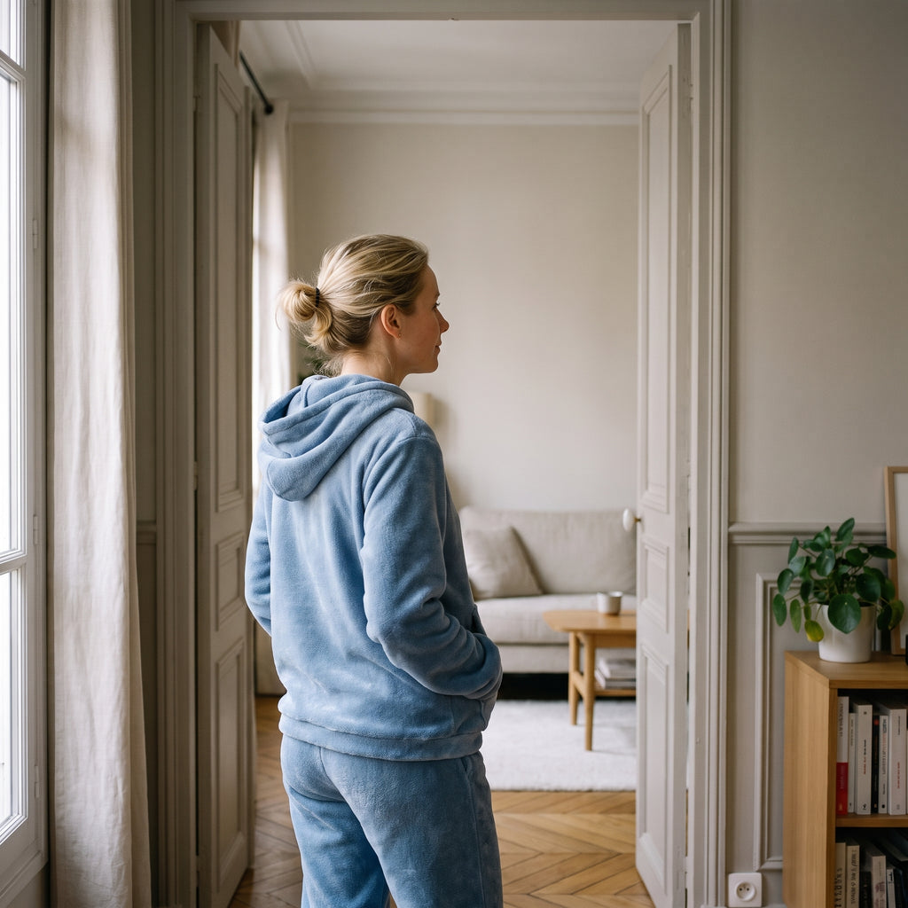 Ensemble pyjama d'hiver en flanelle polaire bleu jean vu de dos, capuche rabattue