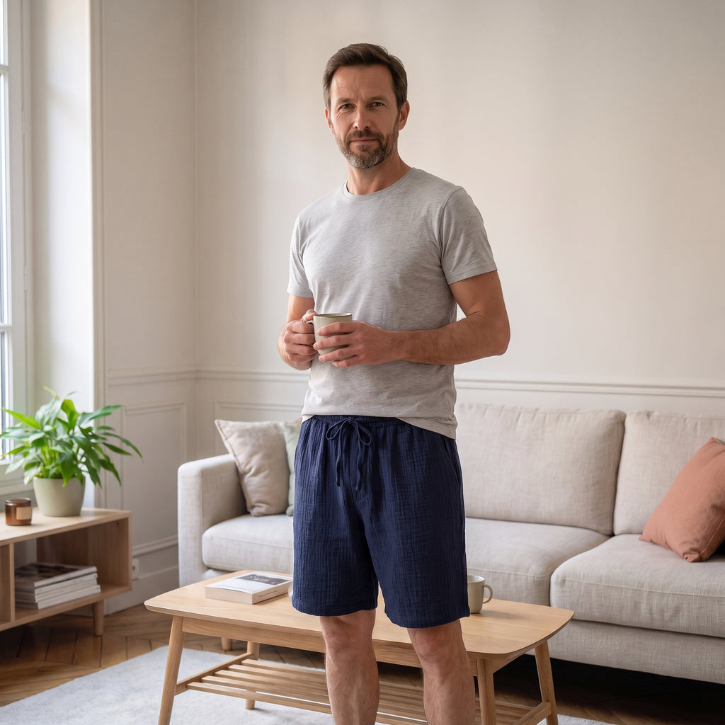 Short de pyjama en gaze de coton bleu marine, coupe homme, porté avec un tee-shirt