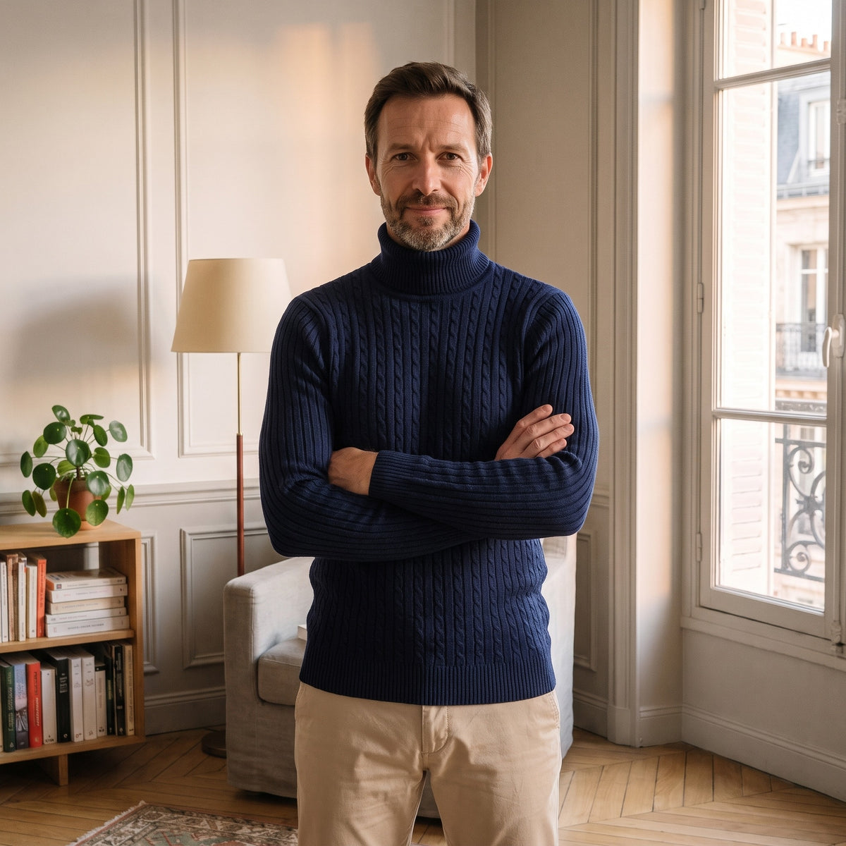 Le même homme porte le pull en bleu marine, bras croisés, devant le fauteuil du coin lecture