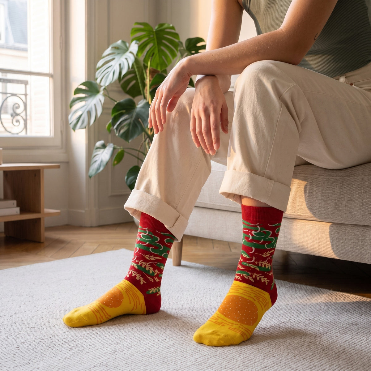 Les chaussettes hamburger portées aux deux pieds, assise au bord d’un canapé écru : le pied jaune fait le pain à graines, la tige rouge et verte monte au mollet sous un pantalon roulé