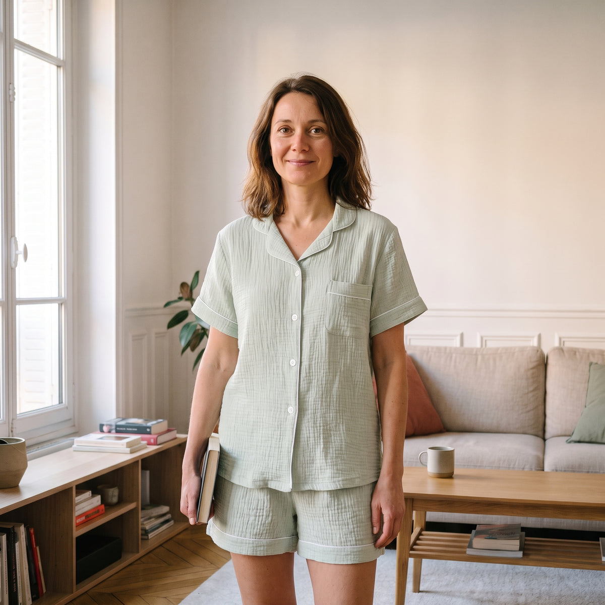 Pyjama d'été en gaze de coton vert d'eau, porté debout dans un salon