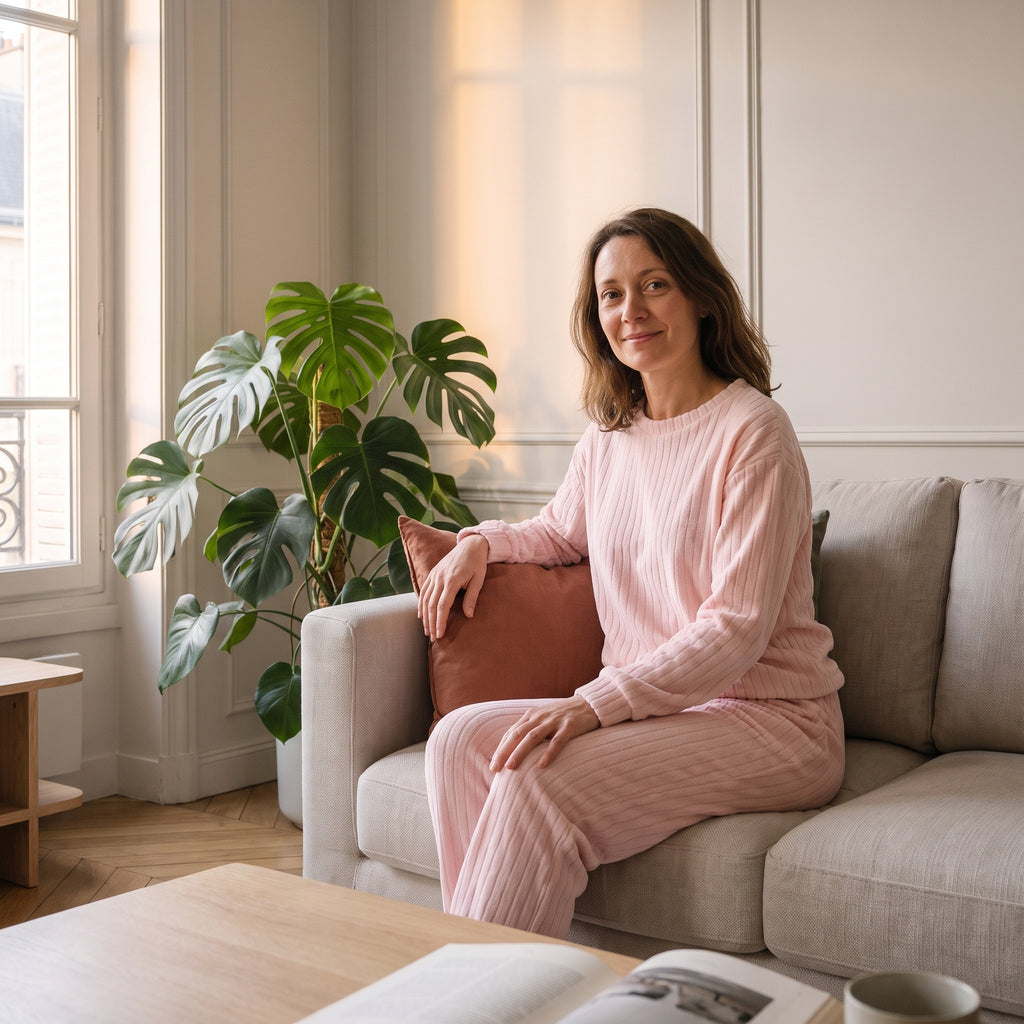Pyjama femme en velours côtelé rose poudré porté assise sur le canapé