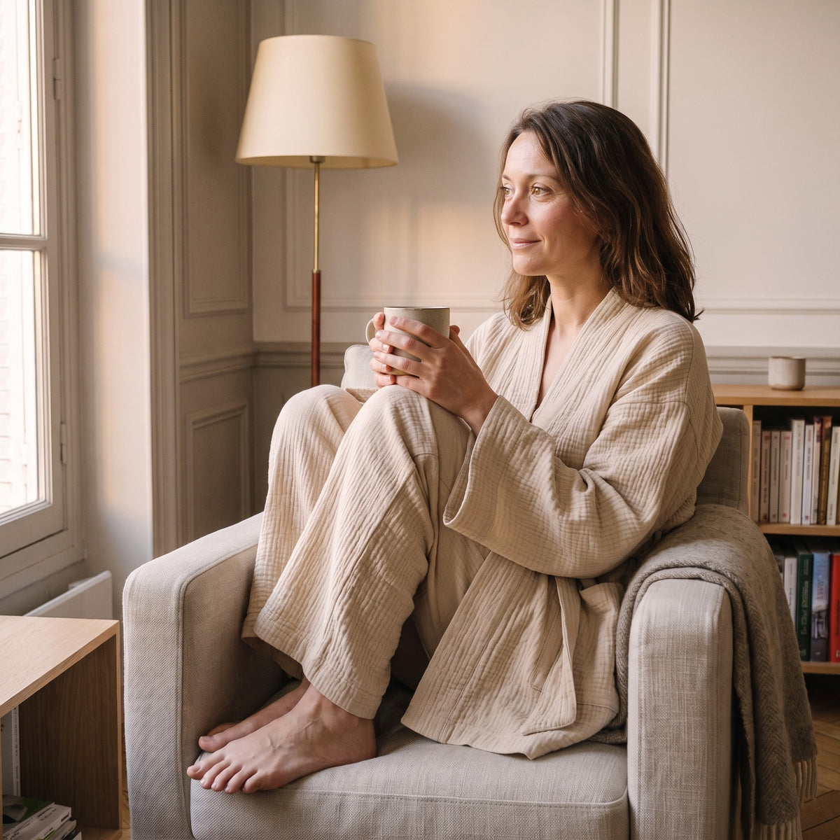 Femme assise dans un fauteuil de lecture, en pyjama kimono beige, une tasse entre les mains, le regard vers la fenêtre