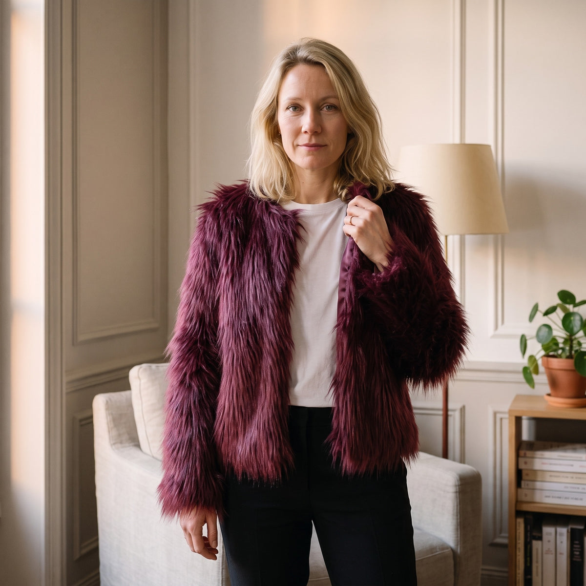 Femme debout pres de son fauteuil de lecture, en veste de fausse fourrure bordeaux ouverte sur un tee-shirt blanc, une main qui remonte le pan droit vers le cou