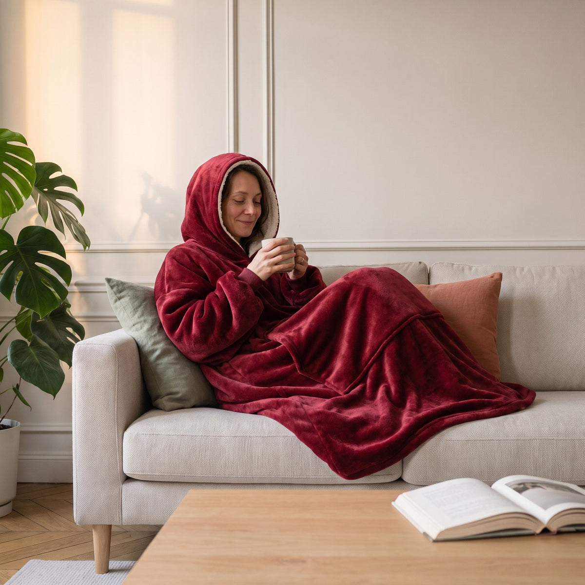 Une femme assise au coin d'un canapé écru, la capuche du plaid rouge relevée et bordée de sherpa crème, le vêtement étalé sur ses jambes repliées, une tasse entre les mains