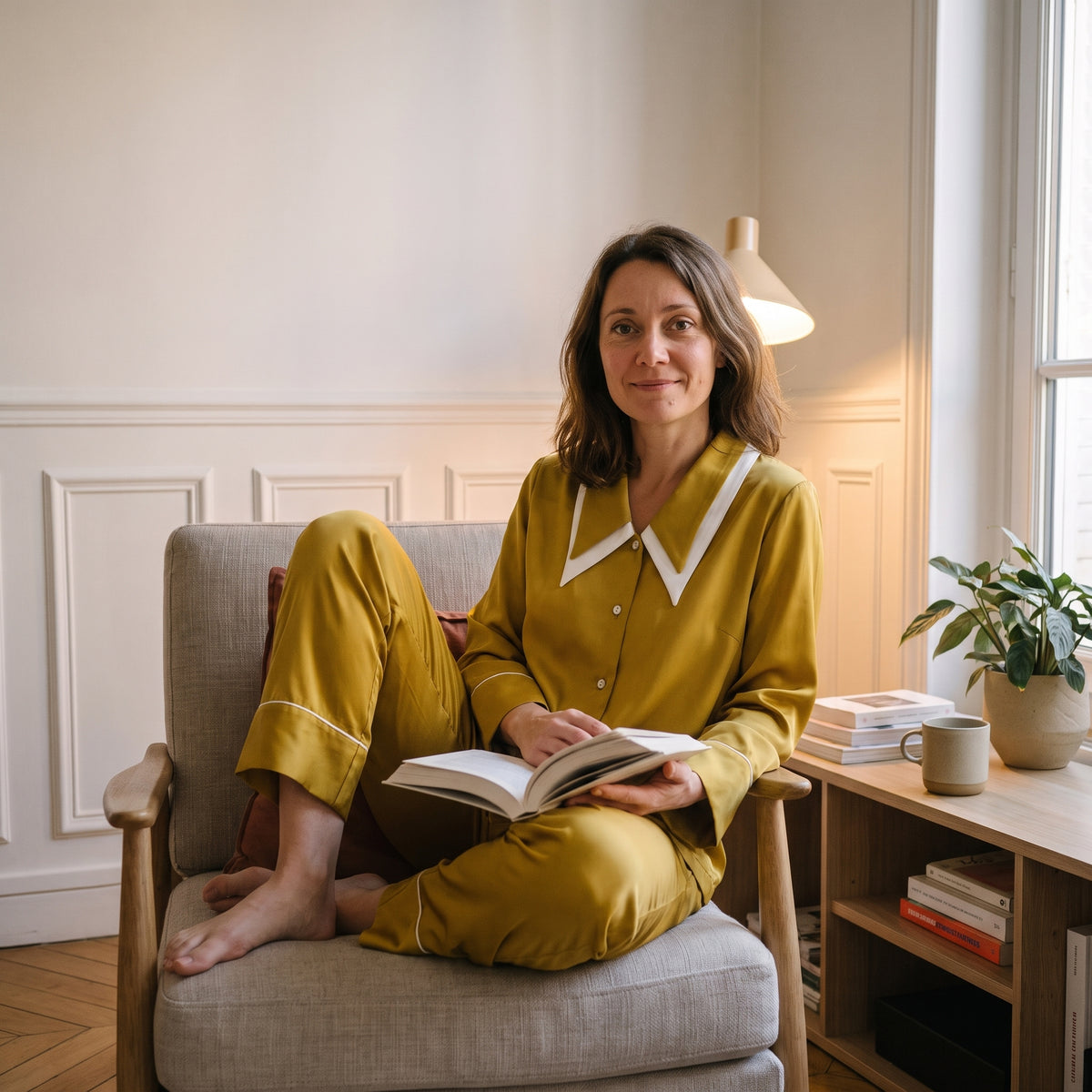 Femme assise dans son fauteuil de lecture, un livre ouvert sur les genoux, en pyjama en satin moutarde à col blanc
