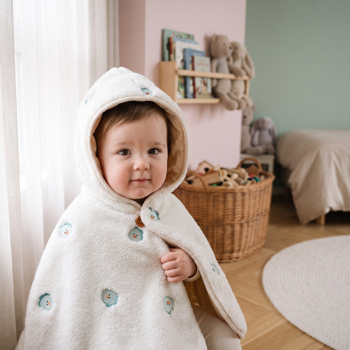 Bebe pres de la fenetre de sa chambre, la capuche de sa cape remontee sur la tete, motif de moutons bleus brodes, doublure beige visible autour du visage