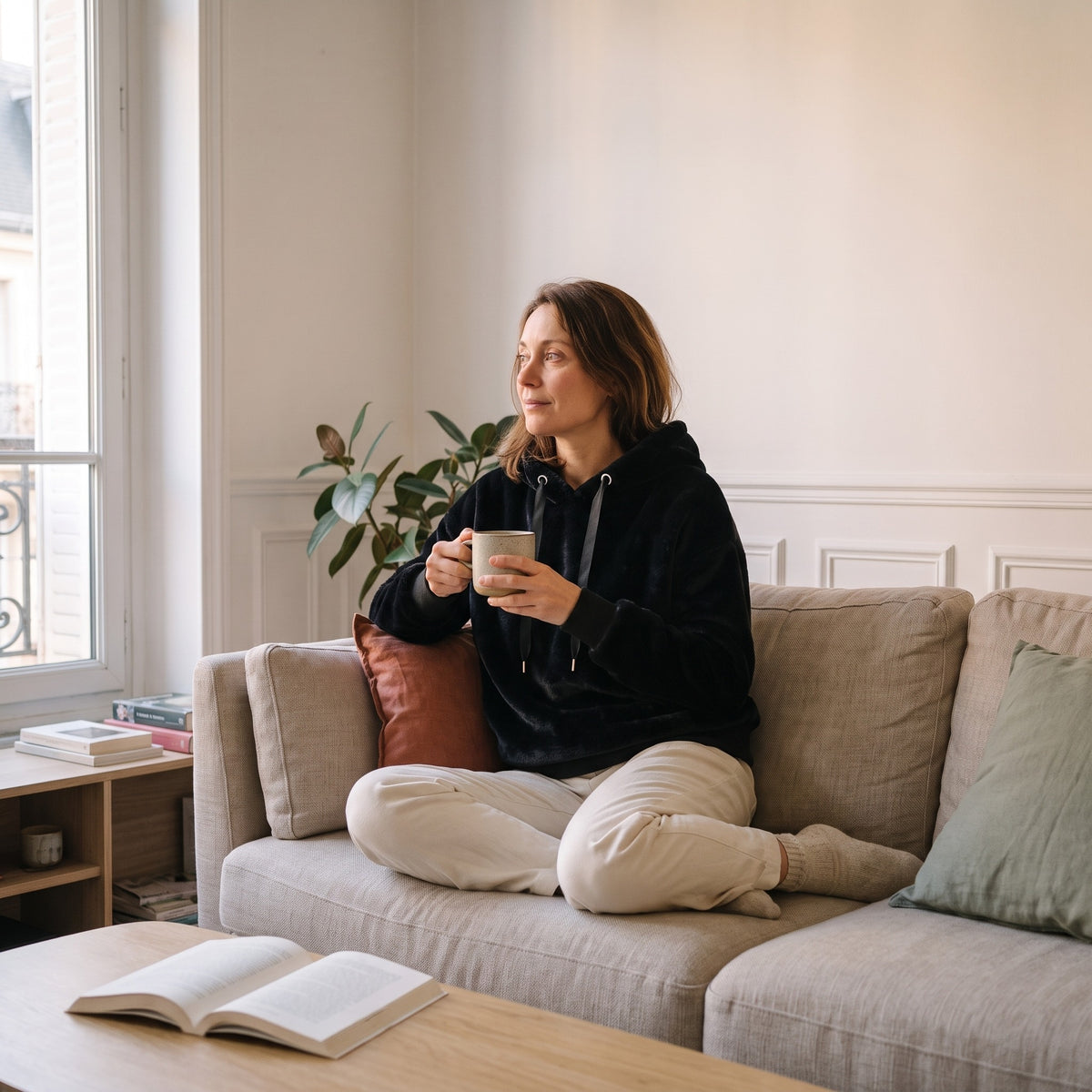 Femme assise en tailleur sur son canape, en sweat peluche noir, une tasse en gres entre les mains, le regard vers la fenetre