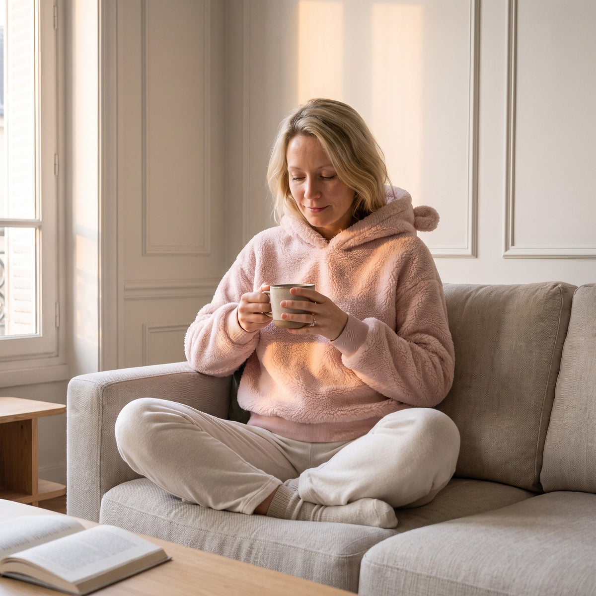 Femme assise en tailleur sur son canape, en sweat ourson rose poudre, une tasse entre les mains, la capuche rabattue dans le dos et une oreille visible au-dessus de l epaule