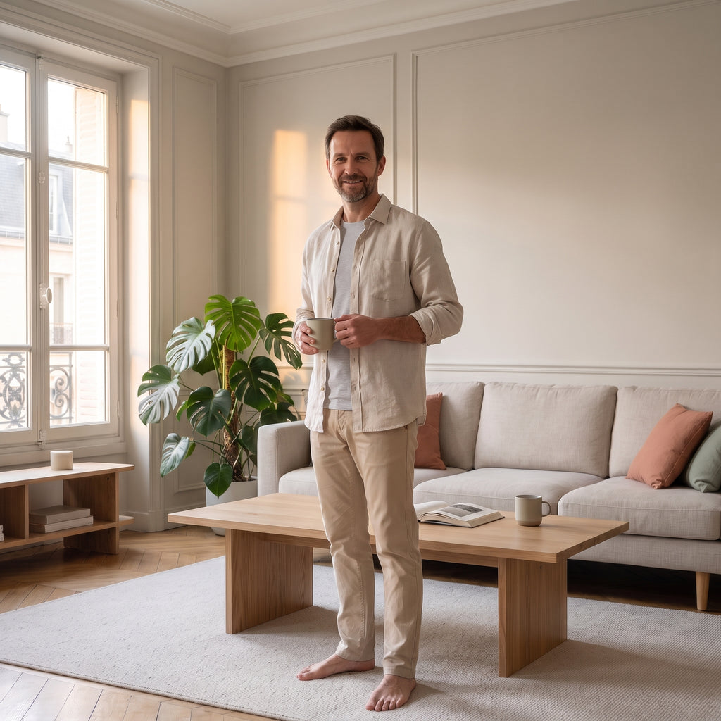 Chemise homme en coton et lin beige lin portée près de la fenêtre du salon