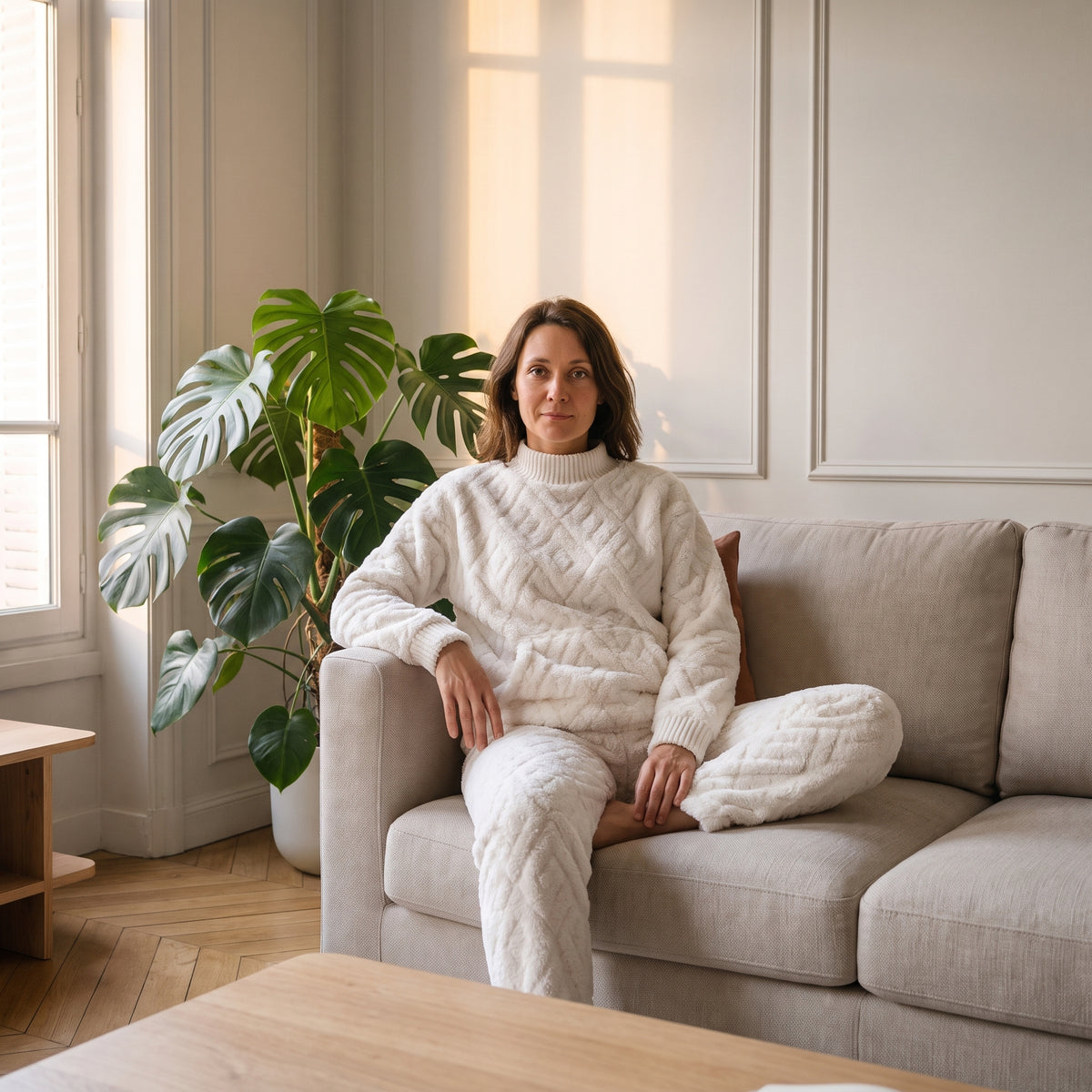 Pyjama polaire blanc porté assise sur un canapé