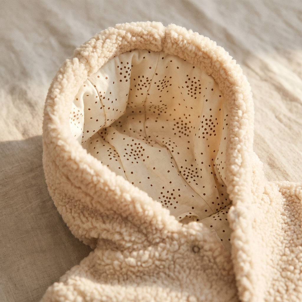 Capuche de la combinaison bébé, doublée d'un coton ivoire à petits points