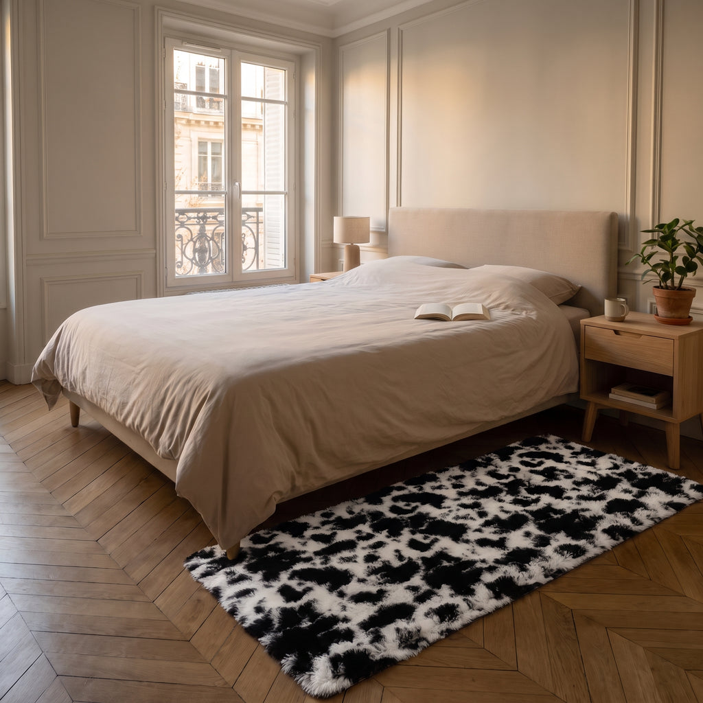 Tapis vache poils longs en descente le long d’un lit deux places