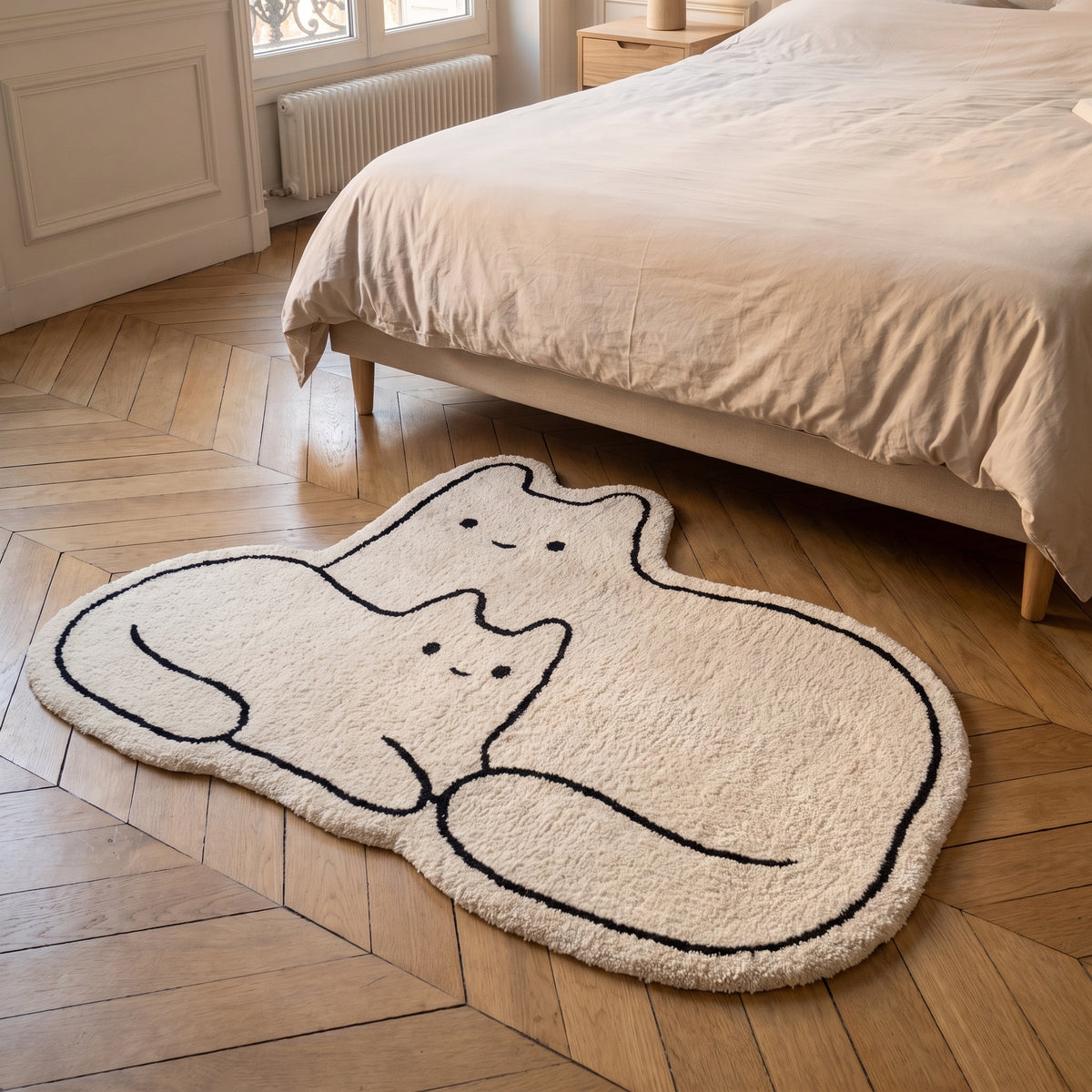 Tapis en forme de chat, écru au trait noir, modèle Chat et chaton, posé en descente de lit