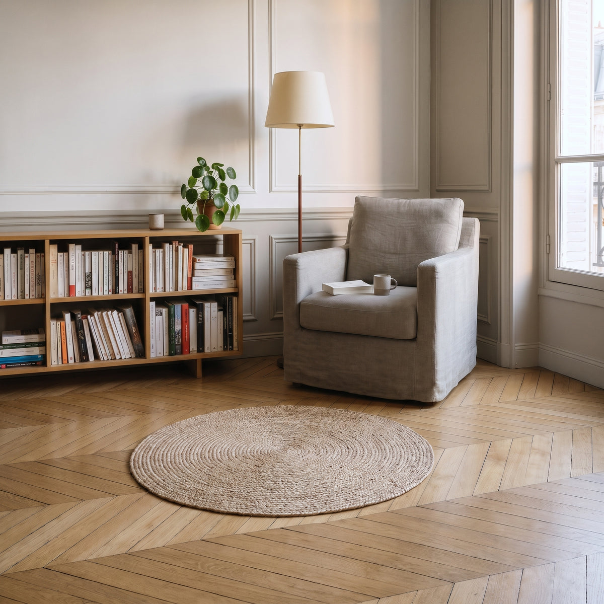 Tapis rond en sisal beige clair déroulé devant un fauteuil de lecture