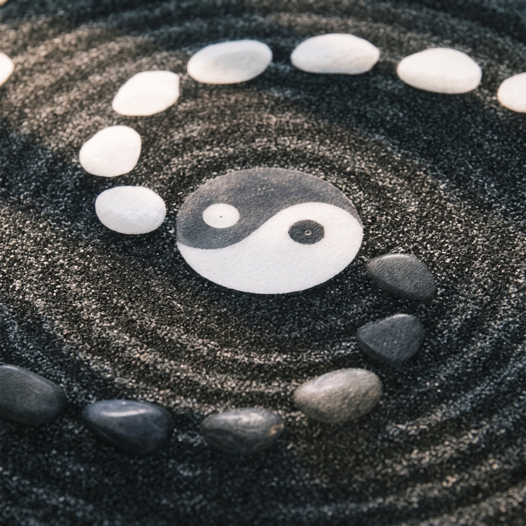 Détail du médaillon yin yang et de la spirale de galets du tapis rond zen