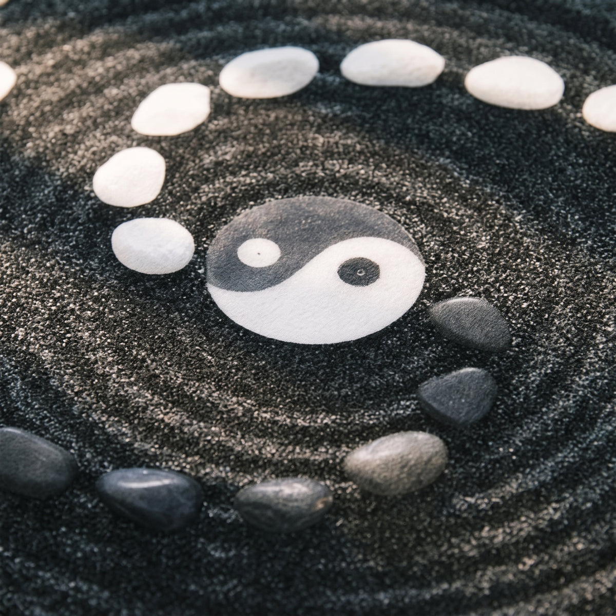 Détail du médaillon yin yang et de la spirale de galets du tapis rond zen