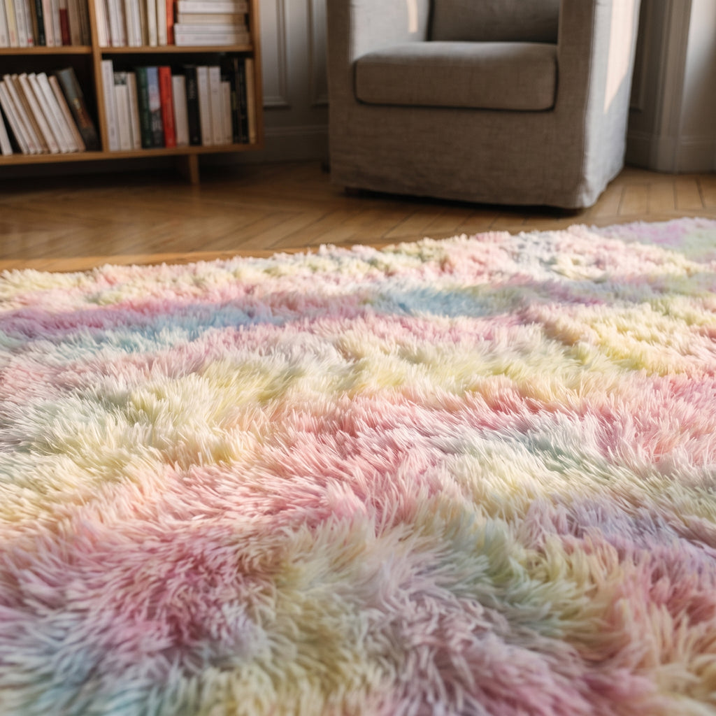 Détail des poils longs du tapis shaggy pastel arc-en-ciel