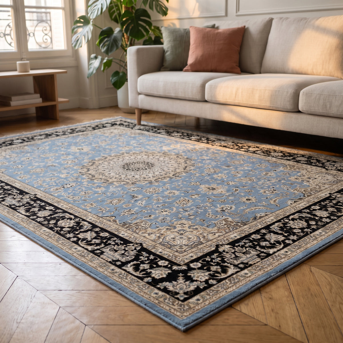 Détail en situation du tapis boho turc aux tons bleus