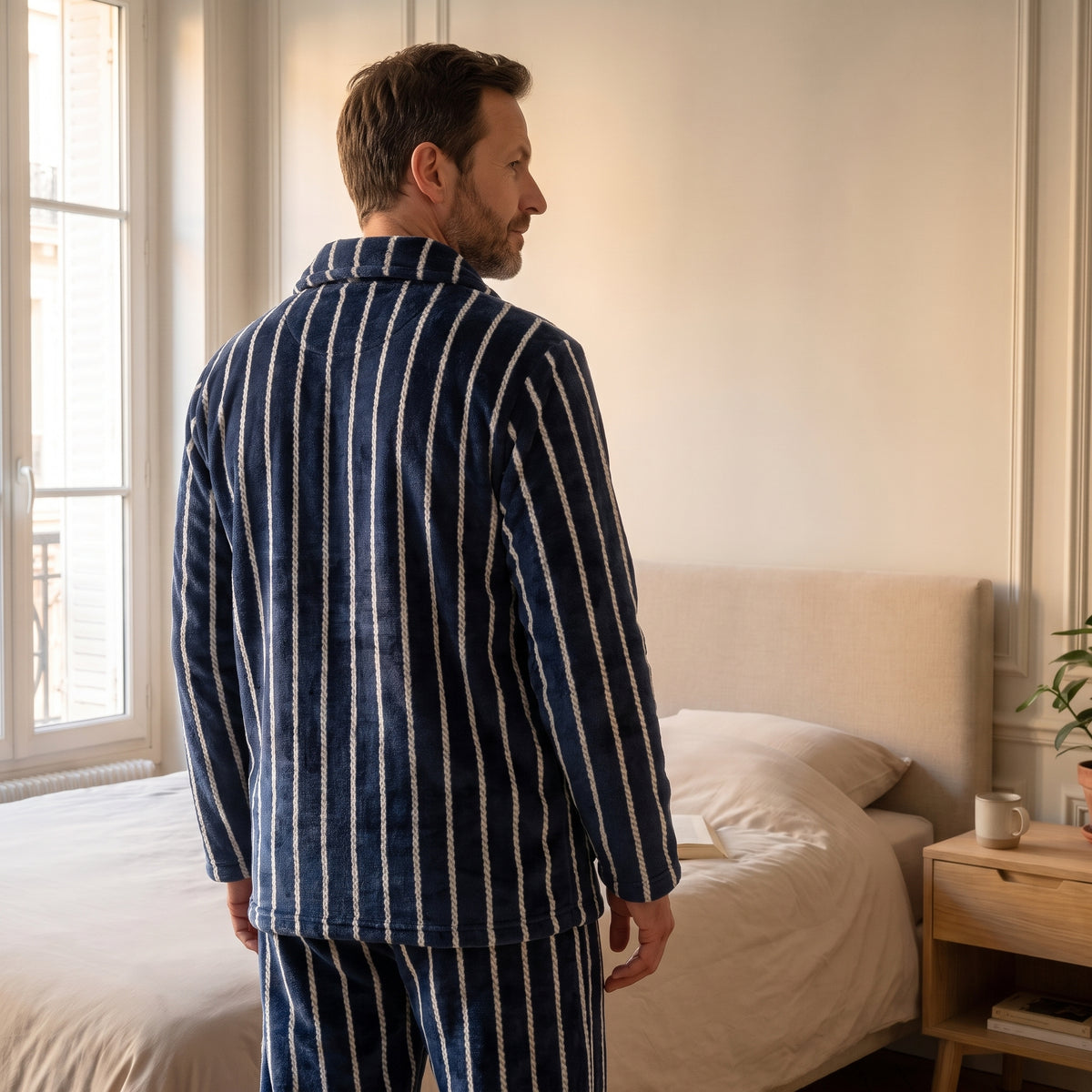 Dos de la veste de pyjama en flanelle bleu marine à rayures blanches