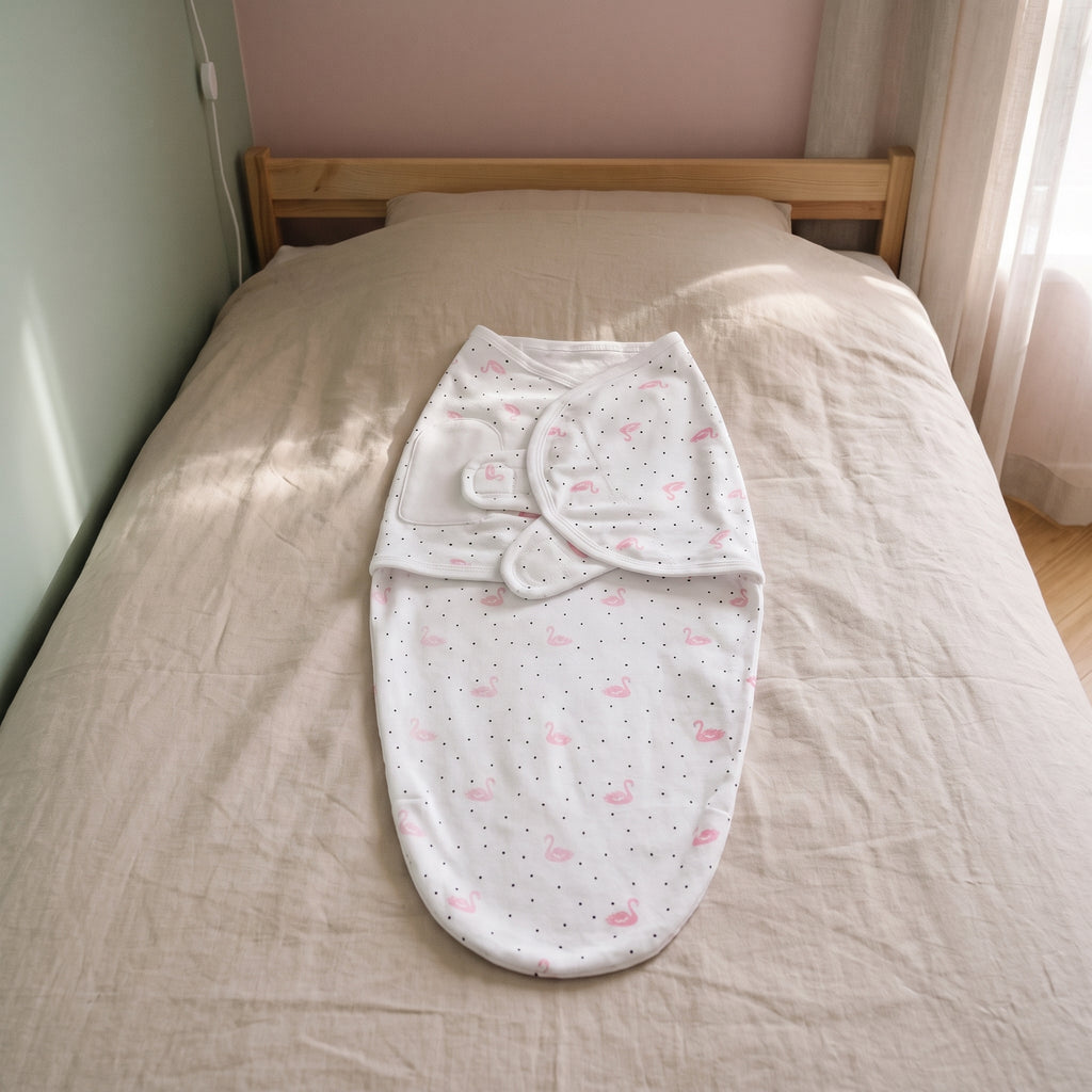 Sac de couchage d'emmaillotage pour bébé motif flamants roses, posé à plat sur un lit d'enfant