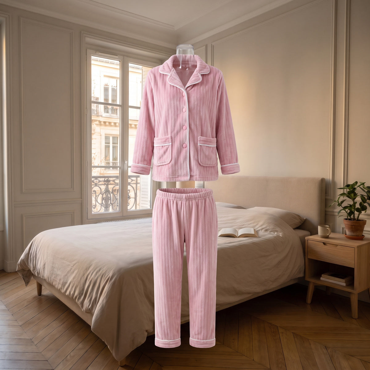 Pyjama en peluche rose présenté en volume, veste et pantalon, dans une chambre